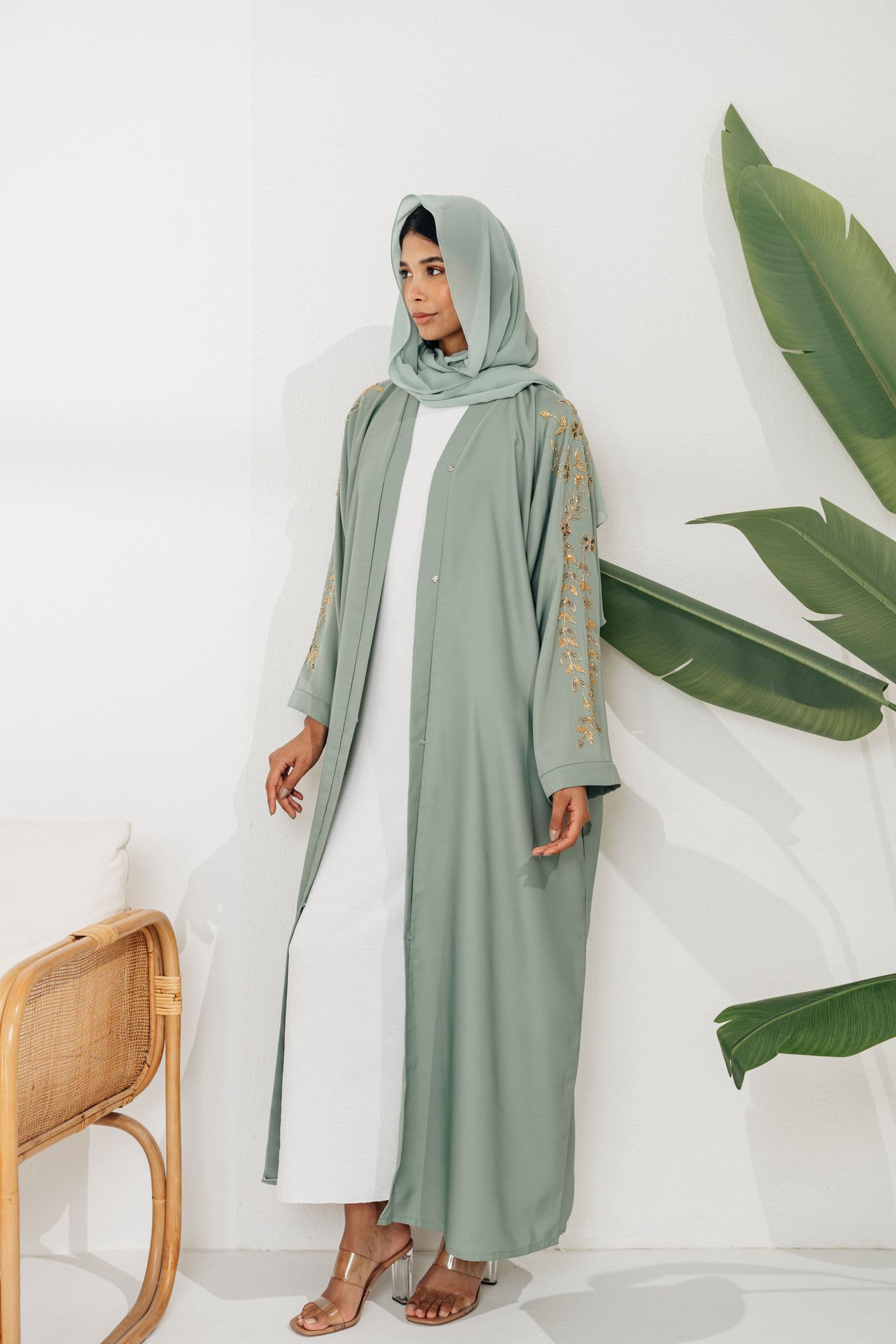 Embroidered-sleeve open abaya